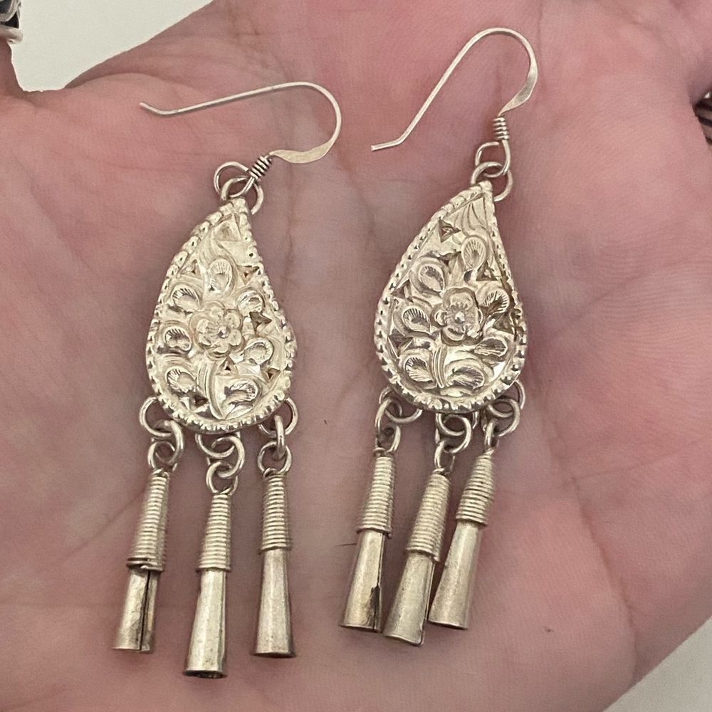 Sterling Silver Floral Earrings - Picture 2 of 4
